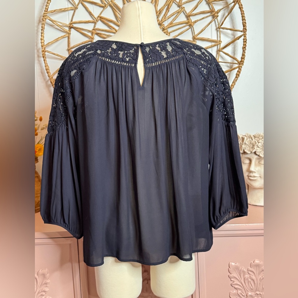 Ann Taylor sheer Navy Lace‎ Blouse - Picture 3 of 6